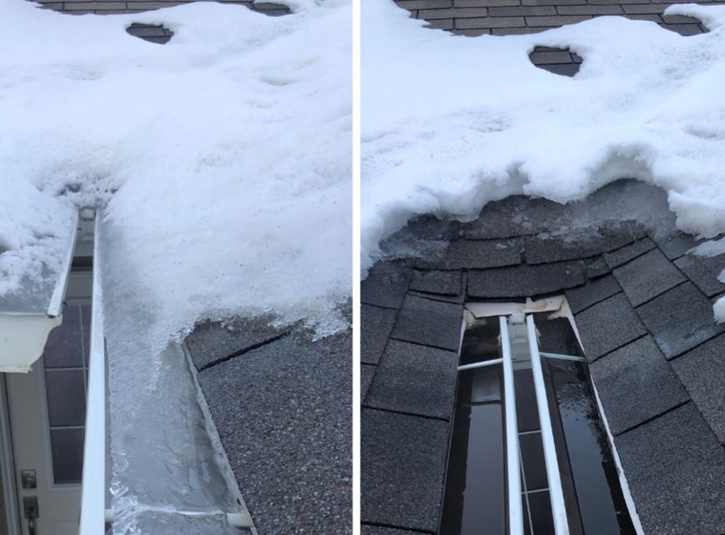 A gutter that is covered in snow and ice.