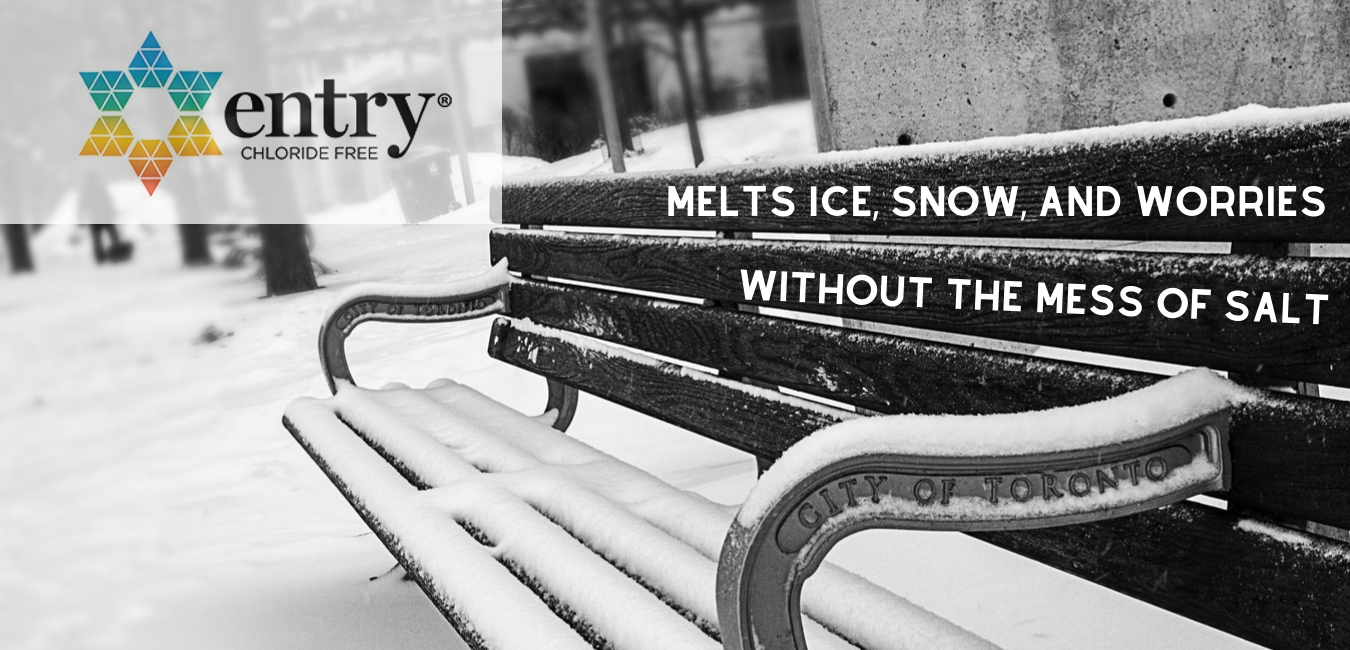 A bench with the words " melts ice, snow and water without them."