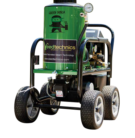 A green machine with four wheels and a pump.