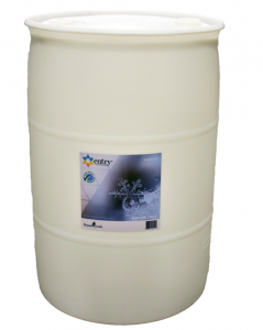 A white barrel with a label on it