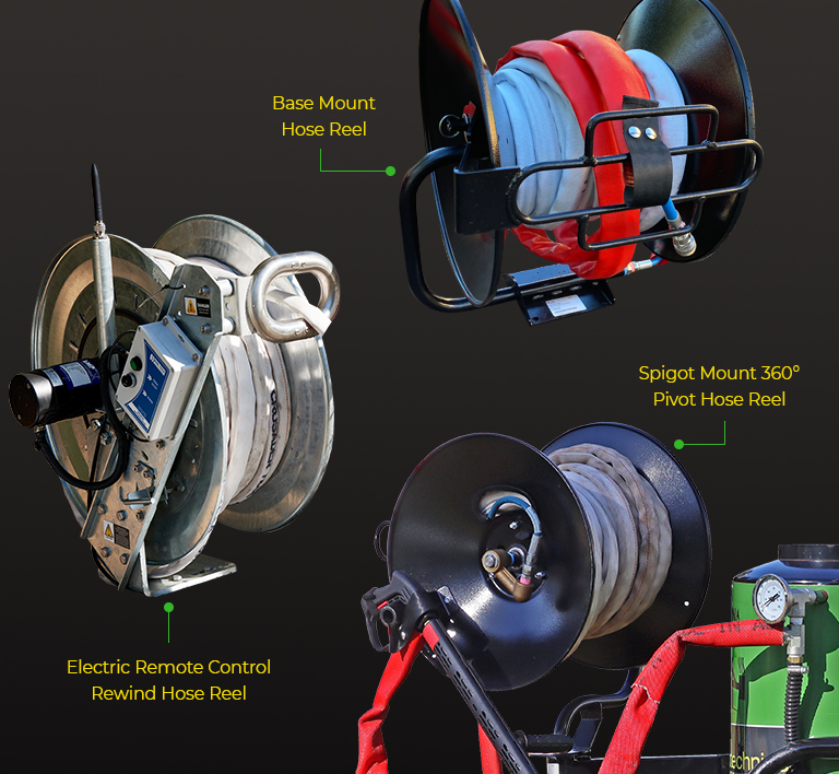 A series of three different types of hose reels.