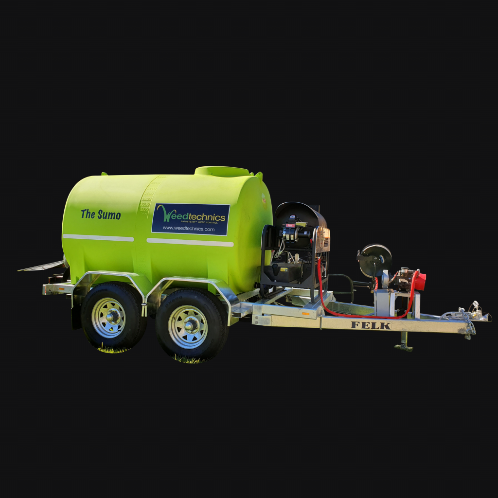 A lime green trailer with a fire hydrant and hose.