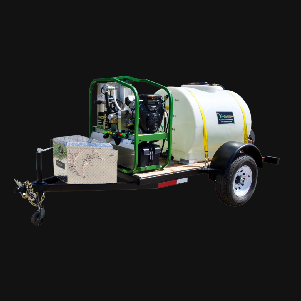 A trailer mounted water jetter with two tanks.